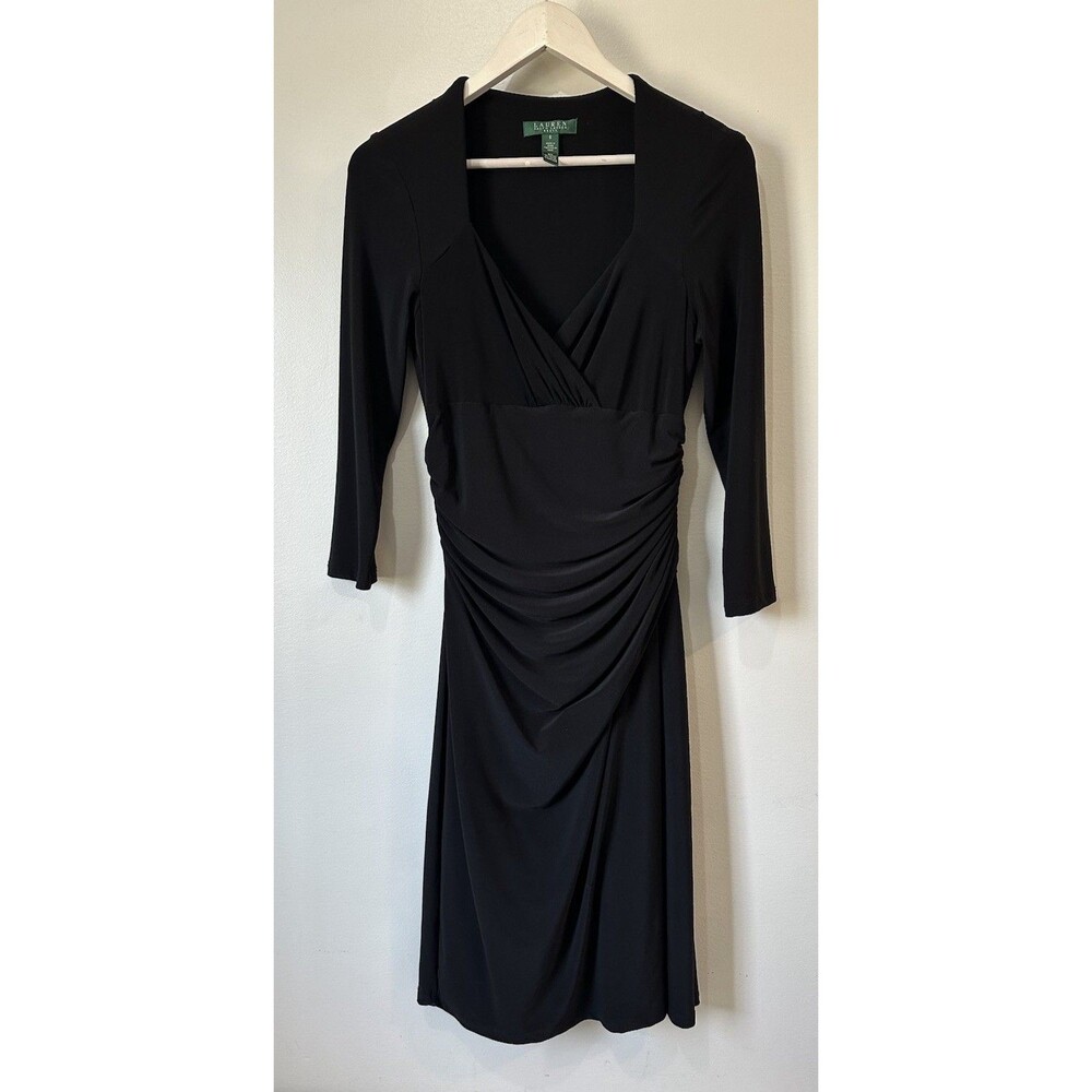 LAUREN RALPH LAUREN Black Side Ruched Sheath Long Sleeve Dress Sz 6